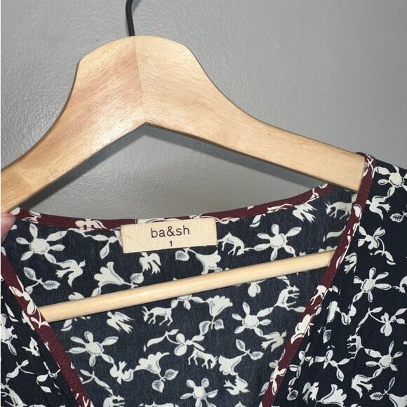 Ba&sh Catarina Mini Dress Black White Maroon Trim Size 6 Long Sleeve Boho - Picture 4 of 7